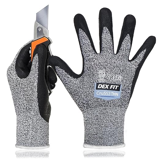 DEX FIT A5 Precision Cut Resistant Gloves Cru553 Thin - 1 Pair, Firm Grip, 3D-Comfort Fit, Lightweight & Durable, Nitrile Anti-Slip Palms,Touchscreen Compatible for Precision Assembly; Grey S (6)