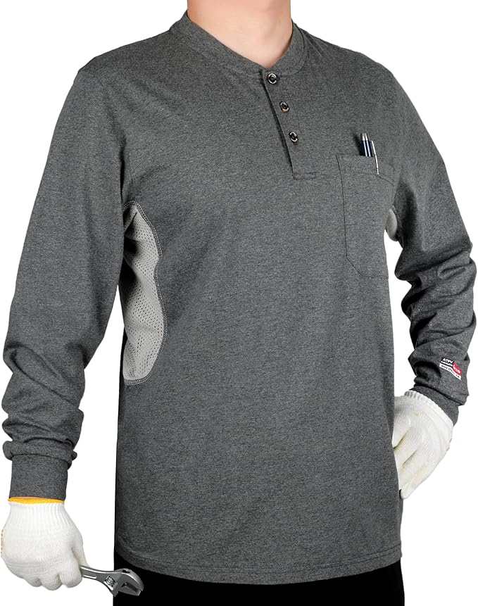 BOCOMAL FR Shirts Summer Vented Mesh Breathable Henley Shirt 5.5oz Flame Resistant CAT2 Work Clothing