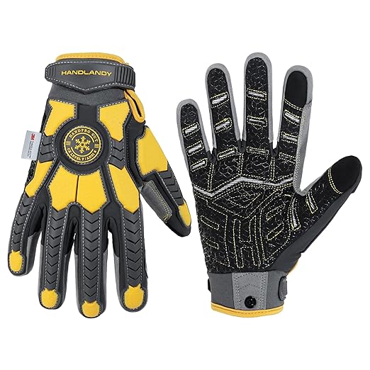 HANDLANDY Winter Cut Resistant Men Impact Resistant Work Gloves, Padded Palm Grip Heavy Duty Working Glove (Large, Yellow)