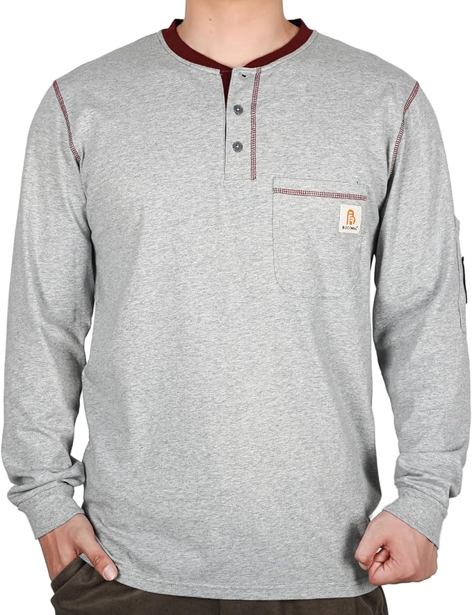 BOCOMAL FR Shirts for Men CAT2 5.5oz Long Sleeve Henley Workwear Flame Resistant Fire Retardant Shirt