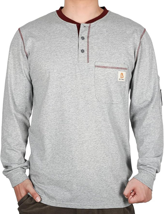 BOCOMAL FR Shirts for Men CAT2 5.5oz Long Sleeve Henley Workwear Flame Resistant Fire Retardant Shirt