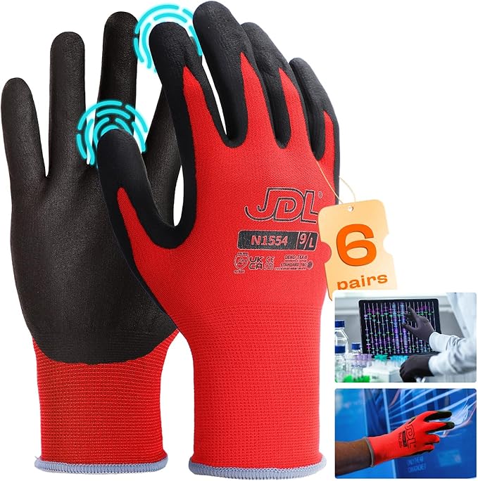 JDL Work Gloves with Micro Foam Nitrile Coated, Touch Screen Compatible,US Patent Seamless Knit Nylon Safety Gloves