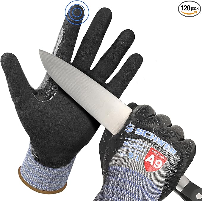 Schwer ProGuard-X ANSI A9 Highest Level Cut/Abrasion/Puncture Resistant Gloves for Heavy Duty Work, 3/4 Double Nitrile Coating for Ultra Durable, Water and Oil Proof, Anti Slip, PM3202, 120 Pairs (L)