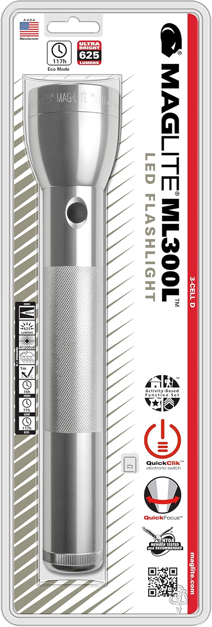 Maglite ML300L LED 3-Cell D Flashlight, Adjustable Focus, Long Battery Life, Water-Resistant, Tactical and Emergency Use – Silver
