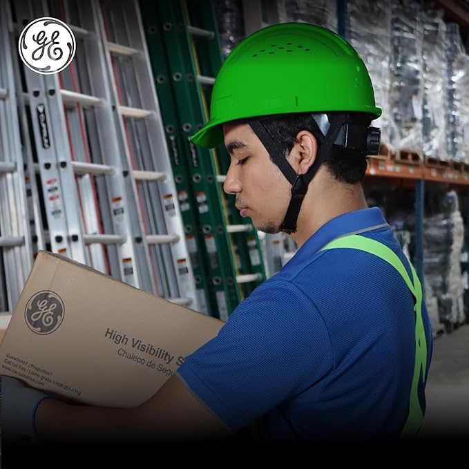 GE Safety Helmet Vented, Hard Hat Style, One Size with Earmuff Slots, Includes 4-Point Ratchet System, Meets ANSI ISEAZ89.1-2014, Green, Model # GH326N