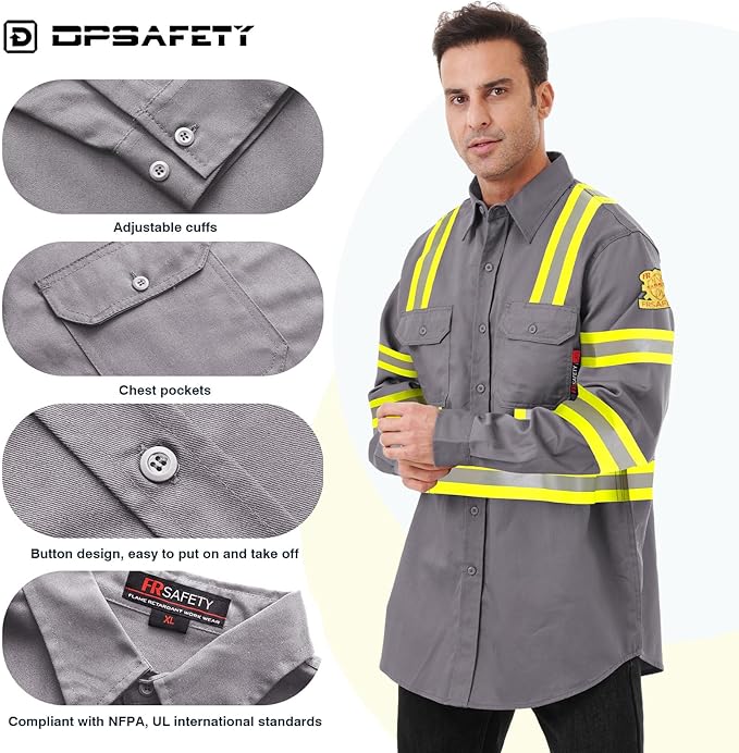 FR Shirts for Men 7oz High Visibility Fire Resistant Shirts NFPA CAT2 Welding Shirt 100% Cotton Hi Vis Flame Resistant Shirt Light Gray(2X-Large)