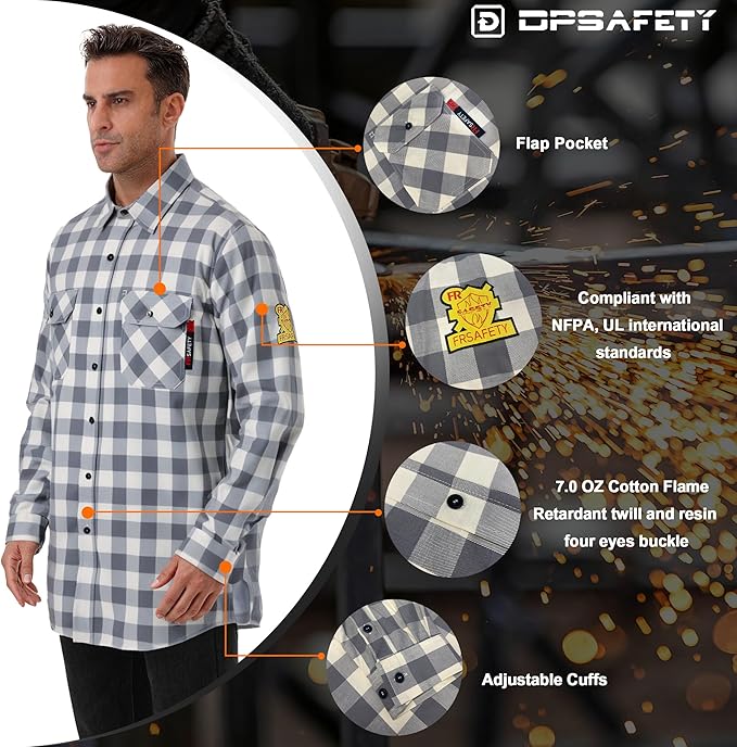 FR Shirts for Men 7oz Fire Resistant Shirts NFPA CAT2 Welding Shirt 103% Cotton Flame Resistant Shirt Grey/Plaid(6X-Large)