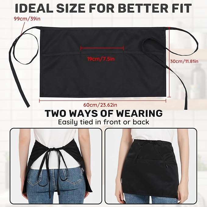 3 Pack Waist Apron with 3 Pockets, Unisex Black Waiter Aprons, Water Resistant Server Aprons for Restaurant Chef Bar