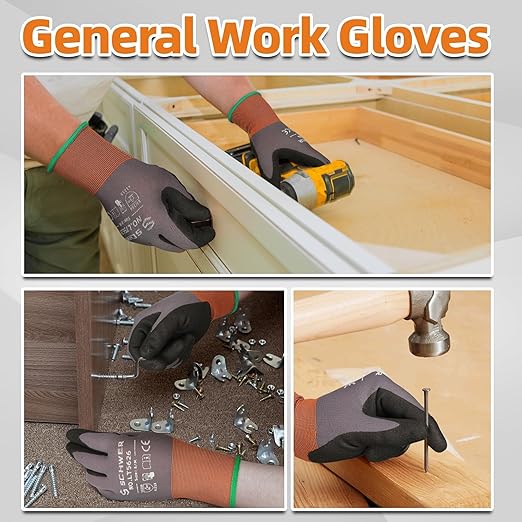Schwer 12 Pairs Safety Work Gloves with Sandy Nitrile Coating LT5626, Max Abrasion Resistance Heavy Duty Gloves with Grip for Men and Women, Ideal for General Use, Mechanic, Construction, Gardening, M