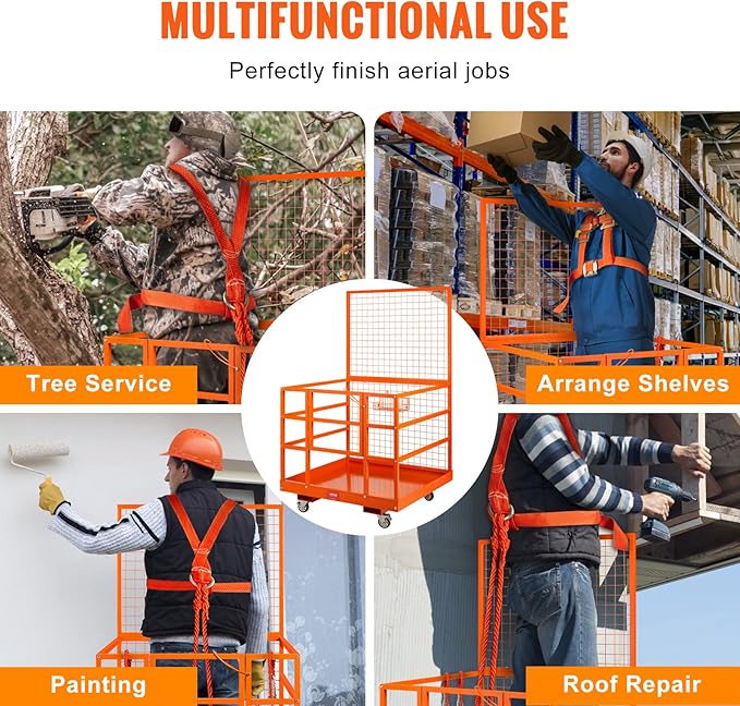 VEVOR Forklift Safety Cage, Forklift Man Basket 1400lbs Capacity, 43"x45" Work Platform with Safety Harness & Lock, Drain Hole & Wheels & Tool Basket, Perfect for Aerial Work