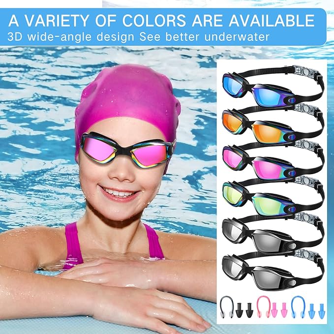 Flutesan 6 Pack Swimming Goggles Adult Kids Anti Fog Pool Goggles with Ear Plugs Nose Clip No Leaking Full Protection