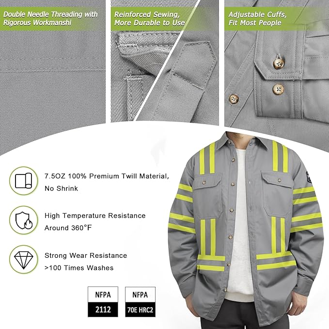 Welding Shirts for Men 7.5oz FR Shirts, 100% C High Visibility Flame Resistant Work Shirt, Men's Fire Retardant Welding Shirt, Durable FR Clothing for Men, Meets NFPA2112, Grey-ZRWD M