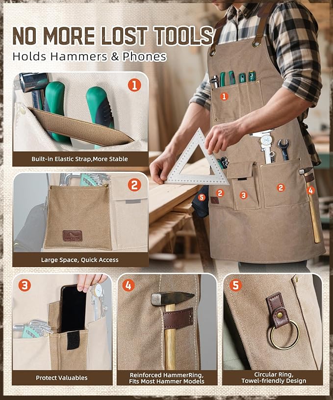 ARCFOX Woodworking Apron with 9 Pockets,Heavy Duty Canvas Apron for Man,Cross Back Apron for Woodworkers, Mechanics, Blacksmiths, DIY Hobbyists