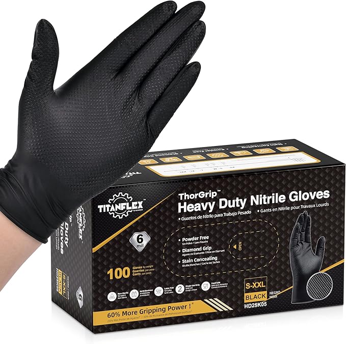 TitanFlex Heavy Duty Black Nitrile Gloves, 6 Mil with Raised Diamond Texture Disposable Gloves Latex Free, Powder Free