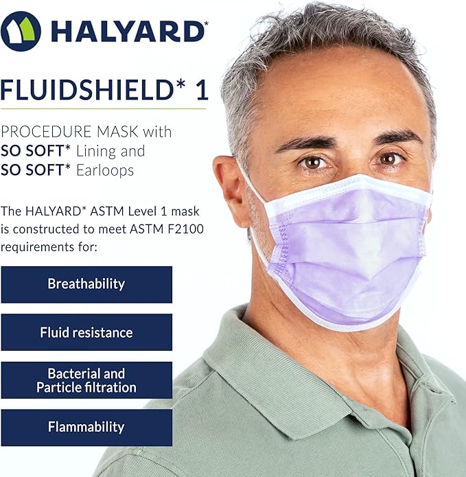 HALYARD FLUIDSHIELD 1 Disposable Procedure Mask w/SO Soft Lining and SO Soft Earloops, Lavender, Level 1, 25868 (Case of 500)