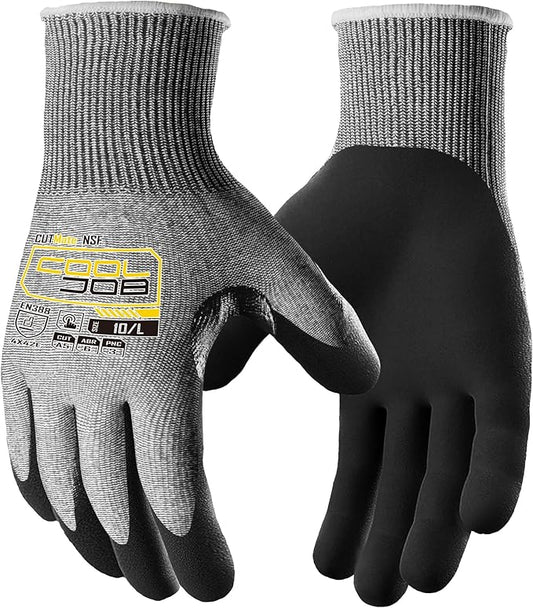 COOLJOB ANSI A5 Cut Resistant Gloves - 1/3/12 Pairs, Nitrile Rubber Dipped Safety Work Gloves for Men, Knife Proof with Grip Coating for Construction Warehouse Glass Wood Work, Grey Large