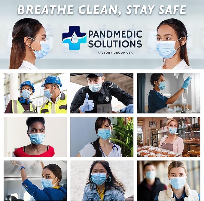 PandMedic Disposable Face Mask MADE in USA | Premium Medical American 3 Ply Safety Face Masks Breathable With Elastic Ear Loops - 50ct Resealable Bag