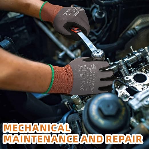 Schwer 12 Pairs Safety Work Gloves with Sandy Nitrile Coating LT5626, Max Abrasion Resistance Heavy Duty Gloves with Grip for Men and Women, Ideal for General Use, Mechanic, Construction, Gardening, L