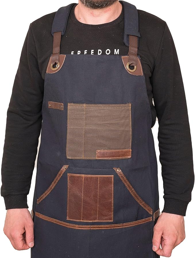 Cross Back Canvas Aprons With Pockets |Adjustable Leather Strap|Work Apron|Chef Apron|Woodworking, Grilling