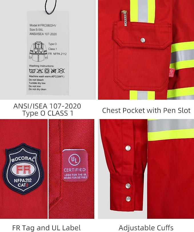 BOCOMAL FR Shirts High Visibility/Hi Vis Flame Resistant/Fire Retardant Shirt 7.5oz Men's Reflective Shirts