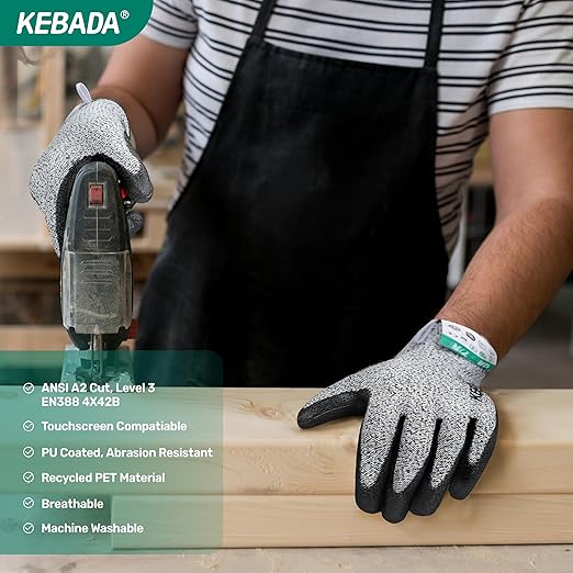 Kebada Cut Resistant Gloves, ANSI A2 Cutting Glove, PU Coated, Touchscreen, Multi-Purpose Model C2, 6 Pairs, Medium