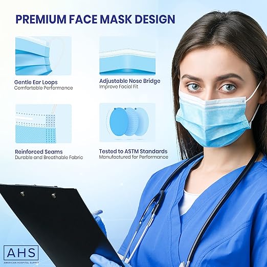 (AHS) Earloop Masks Disposable | Adult Face Covering | 3 Ply Disposable Face Mask (Box of 50)