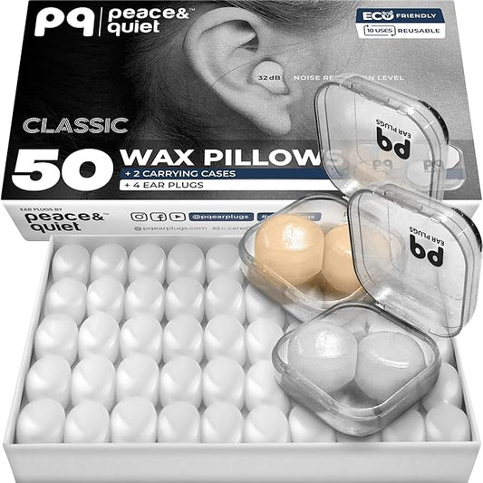PQ Wax Ear Plugs for Sleeping, Swimming - 50 Noise Cancelling Silicone Gel Wax Earplugs, Ear Protection for Sleep and Swim, Soft Wax Pillows with Sound Blocking Level 32Db, (50 Pillows), Color: White