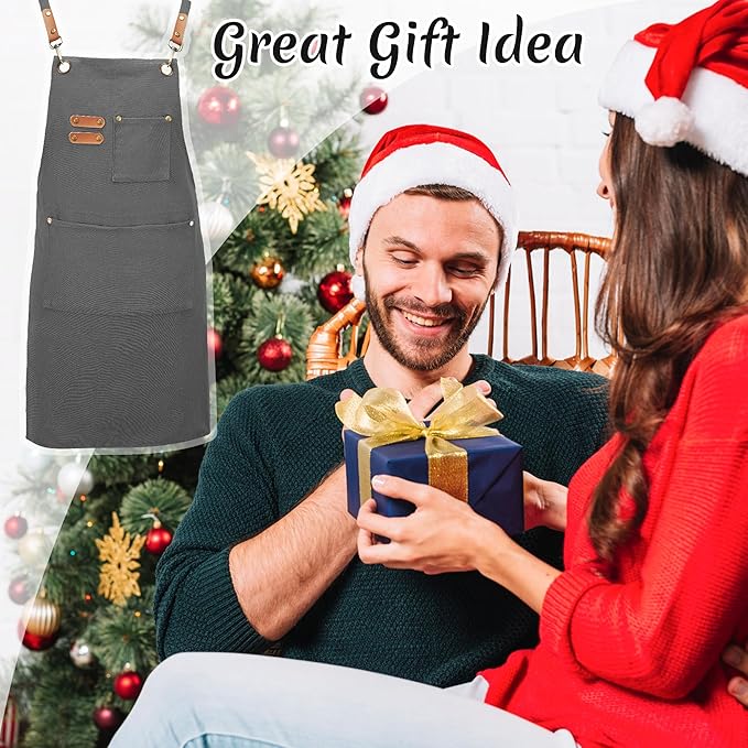 Canvas Aprons, Kitchen Chef Aprons, Work Aprons for Men Women, Adjustable Strap Aprons with 3 Pockets