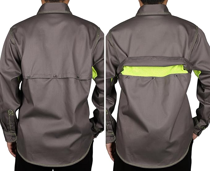 BOCOMAL FR Shirt for Summer Lightweight Vented Mesh Back and Underarm Breathable Flame Resistant Welding Button Down Shirts
