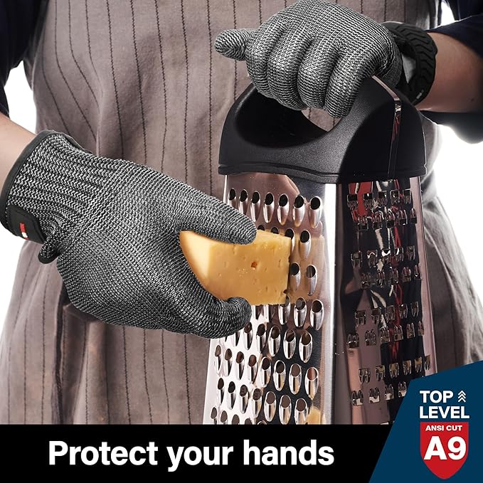 Schwer Ultimate Cut Resistant Gloves Beyond ANSI A9, Reinforced Stainless Steel Glove, Food Grade Mesh Metal Gloves for Butcher Meat Cutting, Oyster Shucking, Mandoline, PR1708 (L, 50 Pairs)