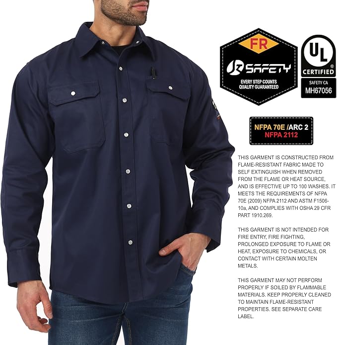 JKSafety 7oz FR Shirts for Men Women NFPA 70E 2112 ARC 2 Fire Resistant Welding Shirts FRC Long Sleeve Safety Workwear