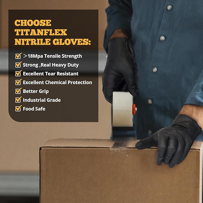 TitanFlex Heavy Duty Black Nitrile Gloves, 6 Mil with Raised Diamond Texture Disposable Gloves Latex Free, Powder Free