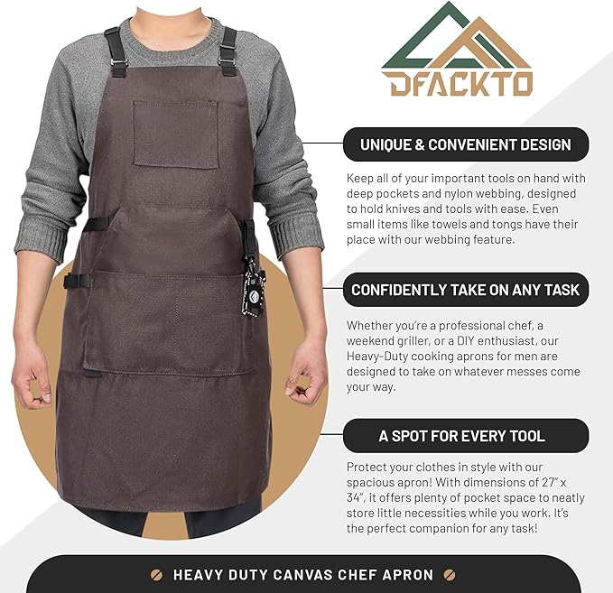 Canvas Chef Apron – Cross Back Straps Mens Apron for Butcher, Bartender, Grilling, BBQ, Kitchen, Workshop & Artist