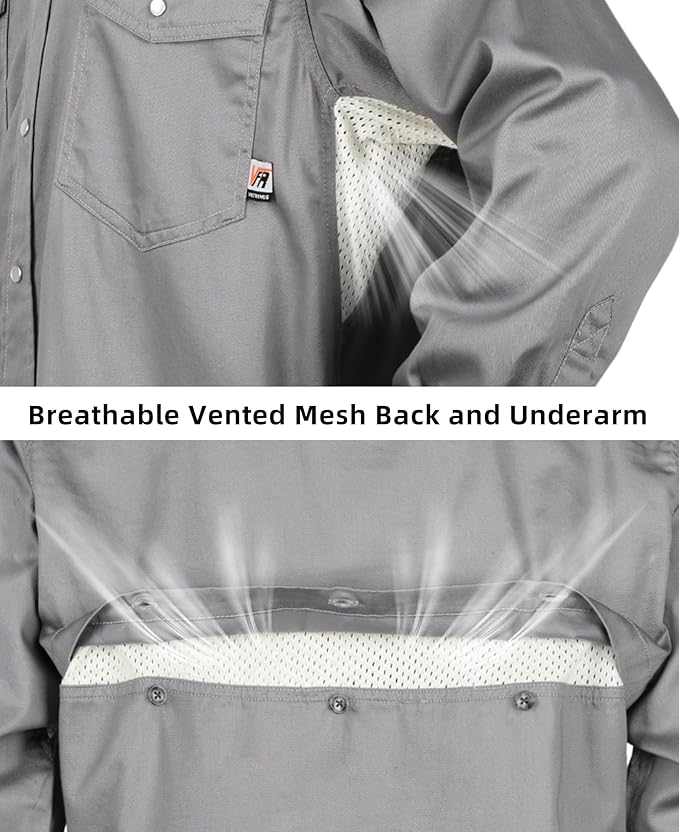 VATRENUS FR Shirts for Summer Pearl Snaps Breathable Vented Mesh Back and Underarm Lightweight Flame Resistant Welding Shirt