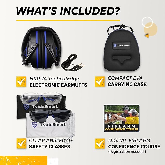TradeSmart Complete Shooting Eye and Ear Protection: Electronic Earmuffs for Shooting, Range Glasses & Hard Carrying Case