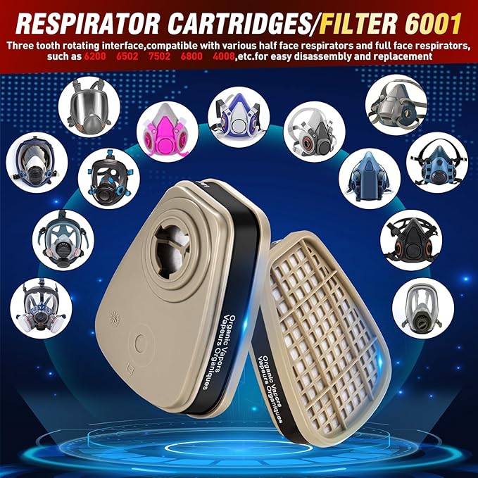 15-Pair 6001 Filter Cartridges for Respirator,Replacement Cartridges for Filtering Gases,Organic Vapor,Paint and Chemicals,Used for 6200,6800,4008 Respirator mask.