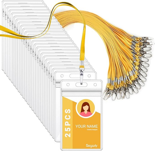 Segarty Lanyards with ID Holder, 25 Pack Vertical Badge Clear Plastic Name Tags Neck Key Card Bulk, Yellow Strap Clips Waterproof Ziplock Nametag Protector for Women, Business, Student, School, Office