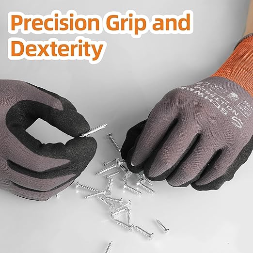 Schwer 6 Pairs Safety Work Gloves with Sandy Nitrile Coating LT5626, Max Abrasion Resistance Heavy Duty Gloves with Grip for Men and Women, Ideal for General Use, Mechanic, Construction, Gardening, L