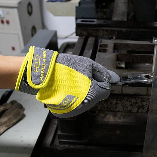 HANDLANDY Work Gloves Mens & Women, Utility Safety Mechanic Working Gloves Touch Screen, Flexible Breathable Yard Work Gloves (Small, Grey&Yellow)