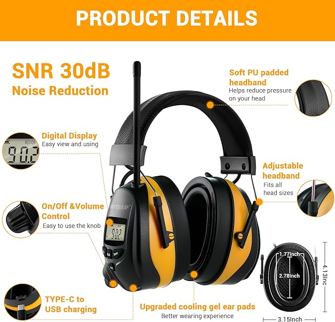 Upgraded AM FM Radio Headphones with Bluetooth 5.4,NRR 25dB Safety Ear Muffs for Noise Reduction,LCD Headset,Built-in Mic,2000mAh Rechargeable Hearing Protection for Walk,Lawn Mowing,Workshop(Yellow)