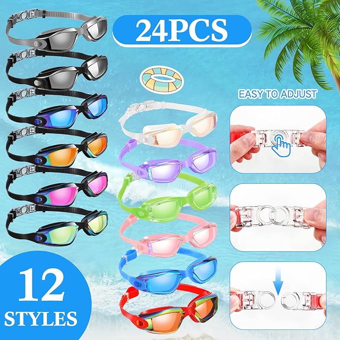 Konohan 24 Pack Swim Goggles Bulk for Kids adult Pool Goggles Anti Fog Silicone No Leak Swimming Glasses for Men Women Youth