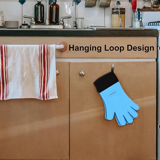 Heat Resistant Grilling Gloves for BBQ Silicone and Cotton Double-Layer Oven Mitts Waterproof Non-Slip Cooking Gloves (Blue)