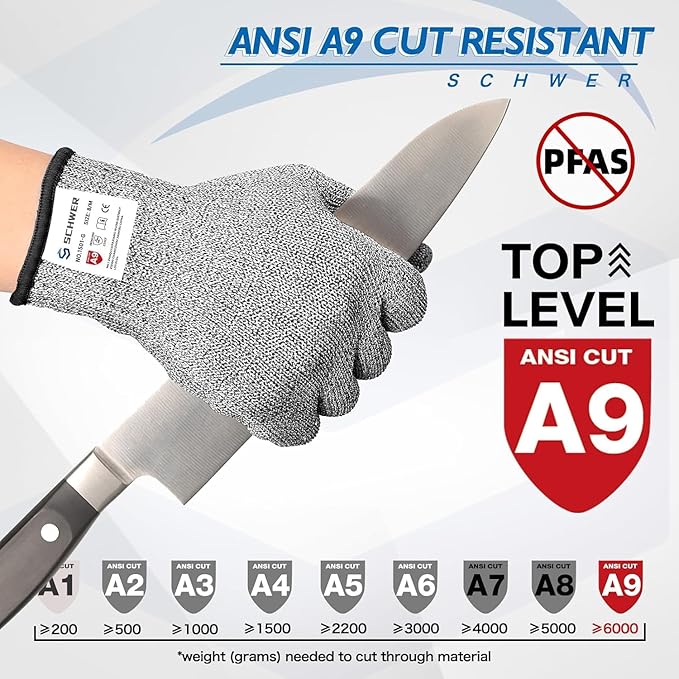 Schwer SlicePro ANSI A9 Cut Resistant Gloves, Food Grade Reliable Cutting Glove, Mandoline Gloves for Kitchen Meat Cutting, Oyster Shucking, Fish Fillet Processing, Non-PFAS, PR1501-G, S