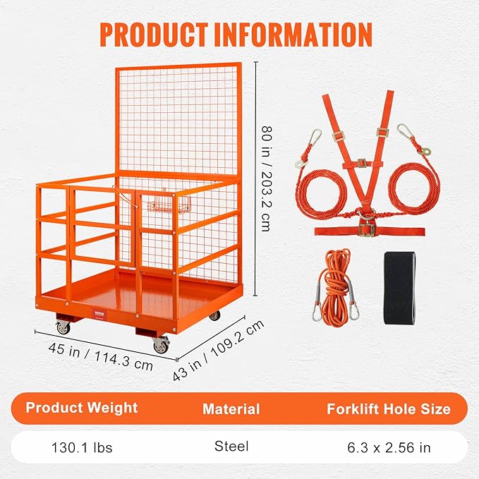VEVOR Forklift Safety Cage, Forklift Man Basket 1400lbs Capacity, 43"x45" Work Platform with Safety Harness & Lock, Drain Hole & Wheels & Tool Basket, Perfect for Aerial Work