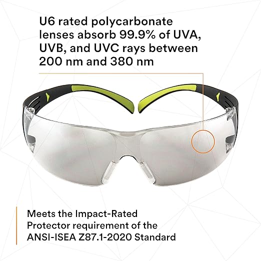 3M Safety Glasses, SecureFit, 20 Pack, ANSI Z87, Anti-Scratch Indoor/Outdoor (I/O) Mirror Lens, Green/Black Frame, Flexible Temples