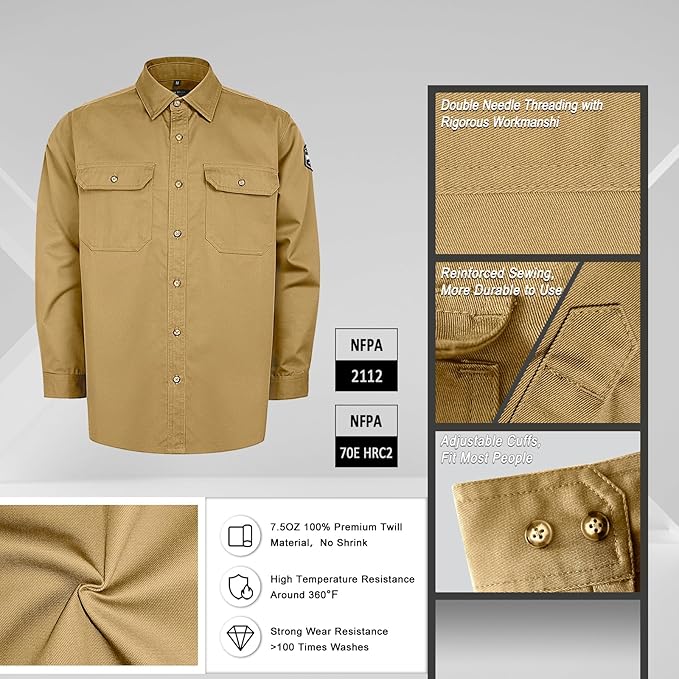 Welding Shirt 7.5oz FR Shirts for Men, 100% C Flame Resistant Welding Jacket with Reinforced Sewing, Durable Men's Fire Retardant FR Clothing for Men, Meets NFPA2112, Khaki-ZRND 4XL