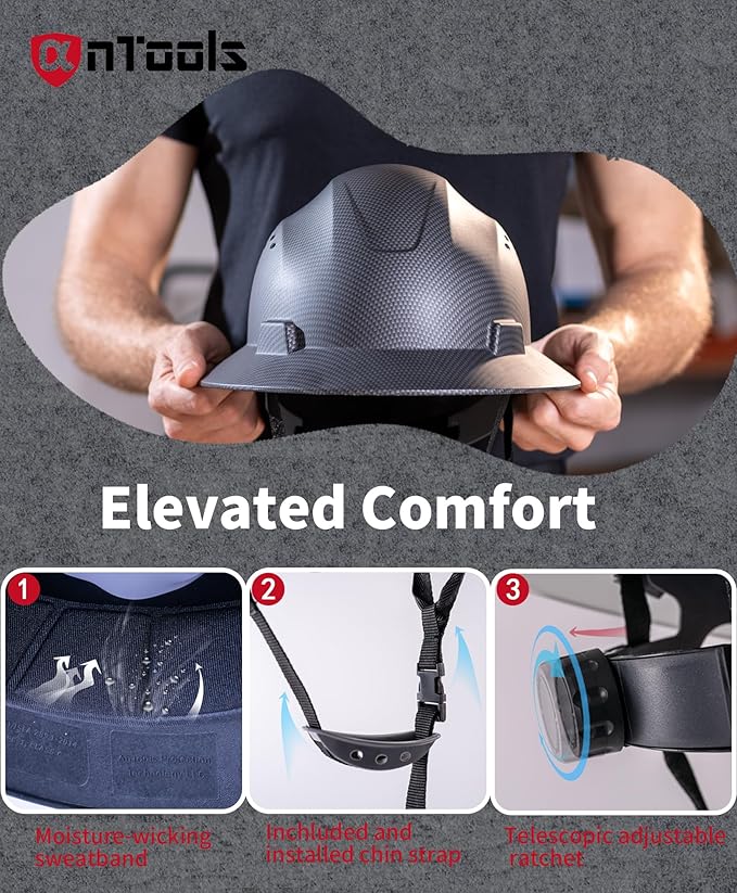 Carbon Fiber Design Full Brim Hard Hat, OSHA Approved Construction Hard Hats for Men, 4-Point Adjustable Suspension, ANSI Z89.1