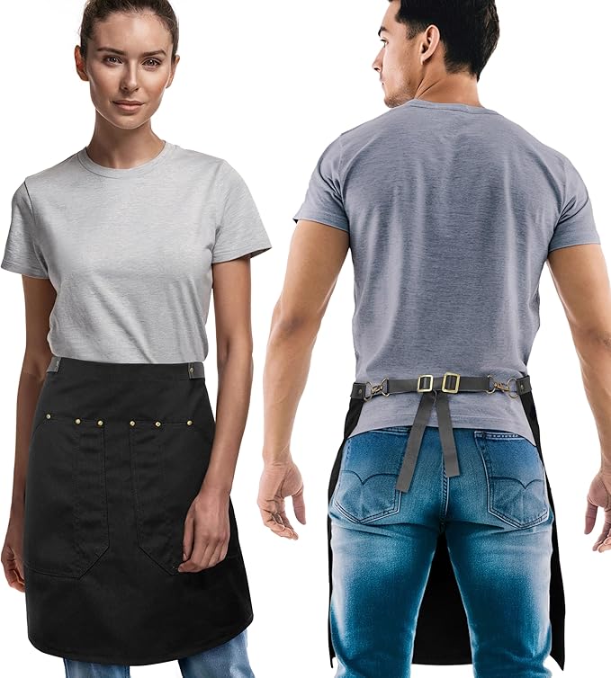 Under NY Sky Half Barista Apron - Black Leather Strap - Riveted Pockets - Double Stiched - Leather Loop - Professional Twill - Bistro, Restaurant, Waiter, Bartender, Server - Black Half Waist Apron