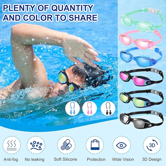 Flutesan 12 Pack Swim Goggles for Adult Kids Anti Fog Swimming Glasses with 12 Ear Plugs Nose Clip No Leaking Full Protection