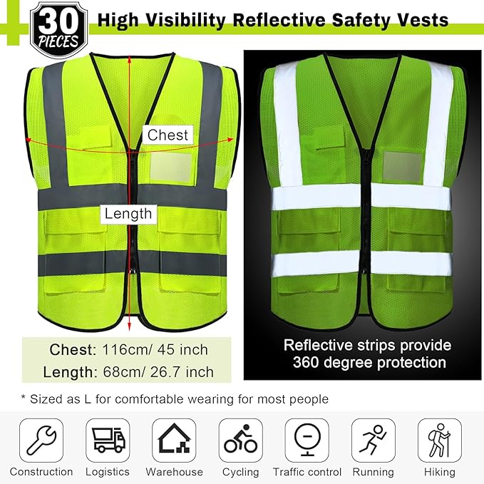 JaGely 50 Pack Reflective Safety Vests with Pockets, High Visibility Mesh Construction Vest for Men Women, Neon Yellow, Size L